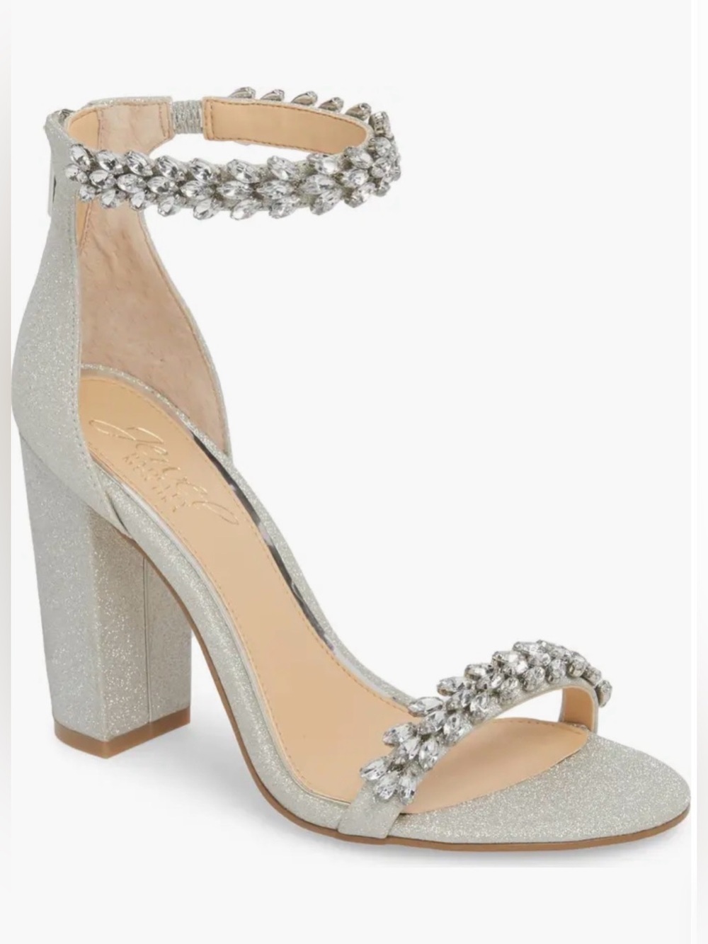 Jewel Badgley Mischka Silver Crystal Ankle-Strap Block Heels, Like New